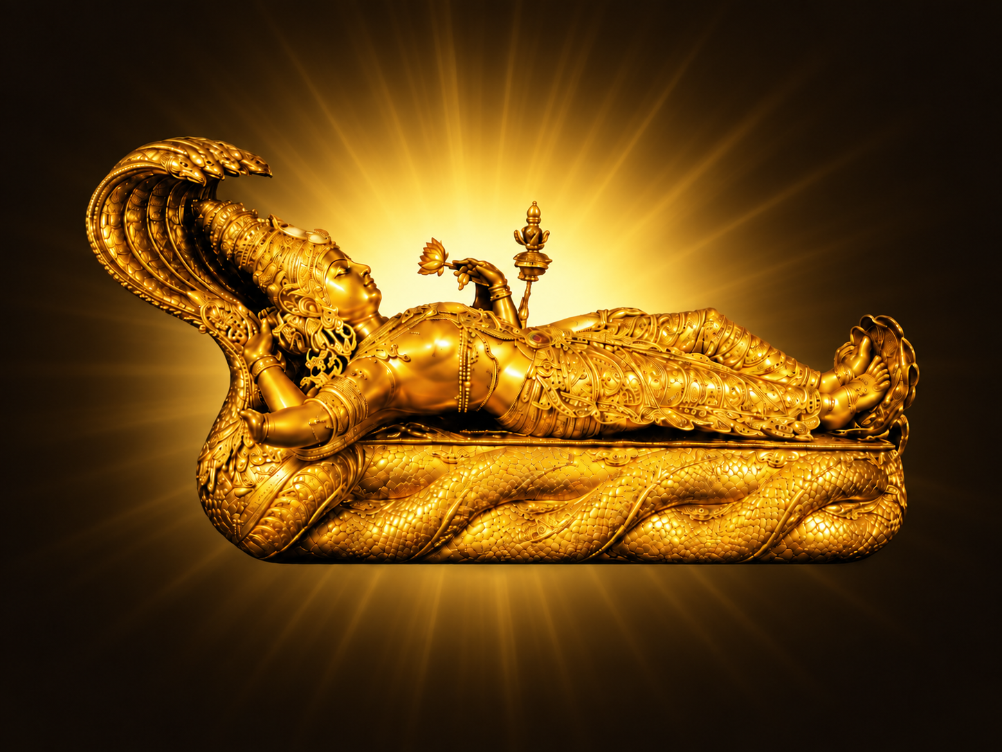 Golden Lord Vishnu reclining on Ananta with a warm radiant glow