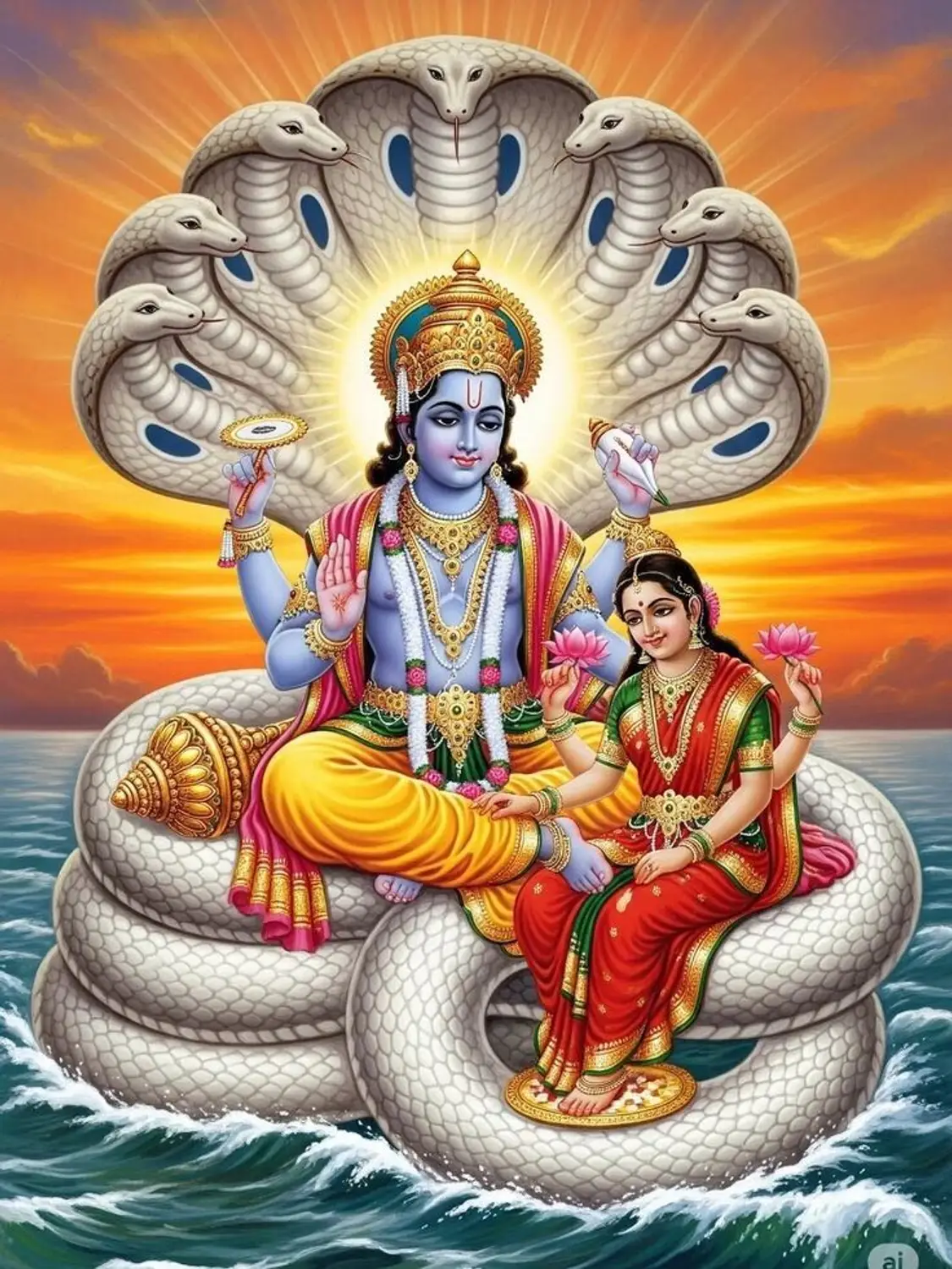 Vishnu and Lakshmi seated on Ananta above the ocean