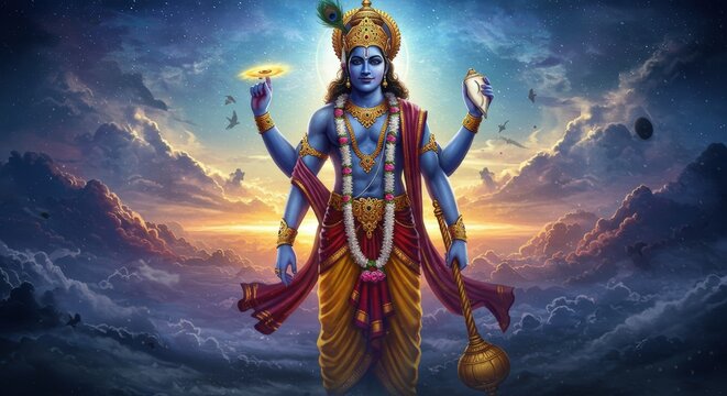 Lord Vishnu standing amid luminous clouds beneath a blue and golden sky